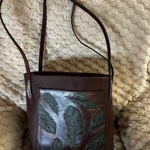 Brown Leather Handmade Bag with Embossed Teal Feathers